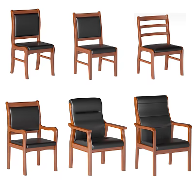 Stylish Office Chairs With Black Leather Seats Wooden Frames Including Armless And Armrest Designs 3d model