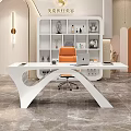 Modern White Office Desk with Orange Chair Laptop and Decorative Bookshelf Background