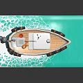 Cute Cartoon Boat Scene With Blue White Hull Red Flag And Green Wave Base