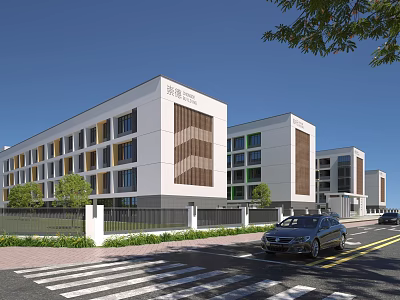 Modern School Buildings Featuring White And Wooden Exterior With Trees And Cars On Street 3d model