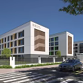 Modern School Buildings Featuring White And Wooden Exterior With Trees And Cars On Street