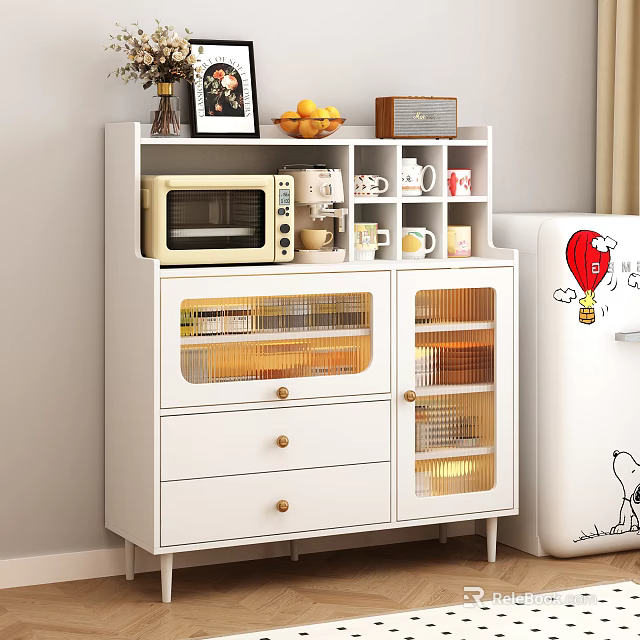 White Sideboard Cabinet With Glass Doors Drawers And Microwave Coffee Maker Mugs On Open Shelves 3d model 