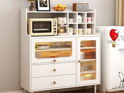 White Sideboard Cabinet With Glass Doors Drawers And Microwave Coffee Maker Mugs On Open Shelves 3d model