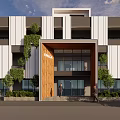 Modern Office Building With White Black Exterior Vertical Strips Green Plants And Large Windows