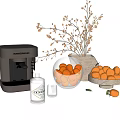 Fresh Orange Fruits in Glass Bowl and Plate with Coffee Machine and Dried Branches