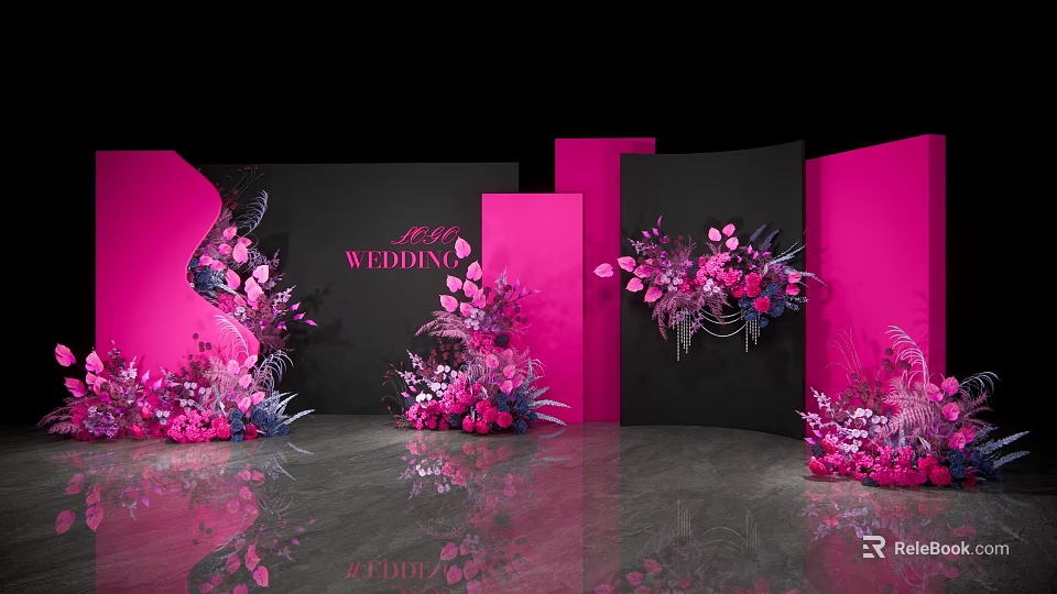 Wedding Venue Decor With Pink Black Backdrops Floral Arrangements And Butterflies 3d model 