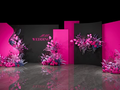 Wedding Venue Decor With Pink Black Backdrops Floral Arrangements And Butterflies 3d model