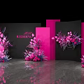 Wedding Venue Decor With Pink Black Backdrops Floral Arrangements And Butterflies