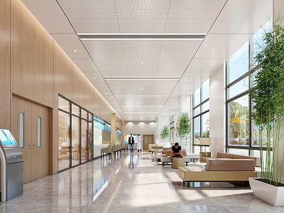 Spacious Hospital Outpatient Clinic Interior With Wooden Walls Large Windows Green Plants And Sofa Seating 3d model