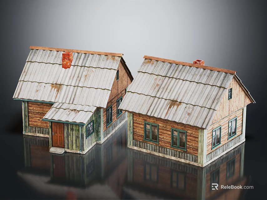 Two Wooden Houses With Metal Roofs Wooden Siding And Windows 3d model 