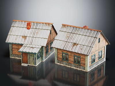 Two Wooden Houses With Metal Roofs Wooden Siding And Windows 3d model