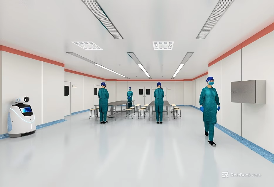 Hospital Outpatient Room With Medical Staff In Green Uniforms Blue Caps Masks And White Robot 3d model 