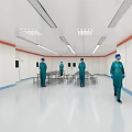 Hospital Outpatient Room With Medical Staff In Green Uniforms Blue Caps Masks And White Robot