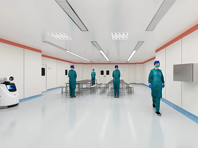 Hospital Outpatient Room With Medical Staff In Green Uniforms Blue Caps Masks And White Robot 3d model