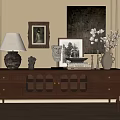 Vintage Wooden TV Stand With Circular Accents Glass Doors And Decorative Items On Top