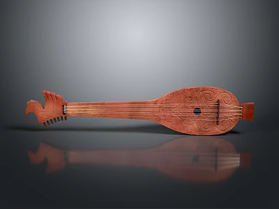 Traditional Wooden Pipa Decorative Home Accessory On Reflective Surface With Carvings 3d model