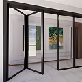 Modern Glass Folding Doors With Black Frame In Interior With Decorative Artwork And Tile Floor