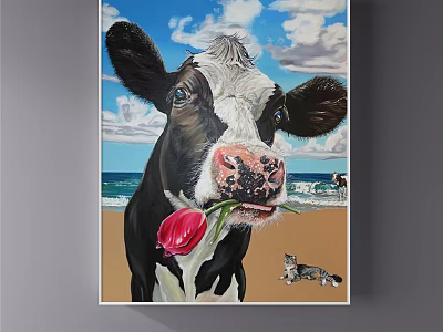 Animal Painting of Cow Holding Red Tulip Beach with Blue Sky White Clouds Little Kitten 3d model