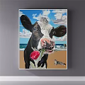 Animal Painting of Cow Holding Red Tulip Beach with Blue Sky White Clouds Little Kitten
