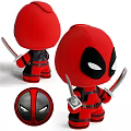 Cute Red Doll With Black Mask White Eyes Holding Samurai Swords