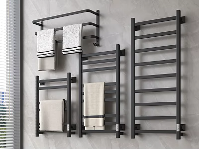 Modern Black Bathroom Accessories With Wall Mounted Towel Racks And Towels 3d model