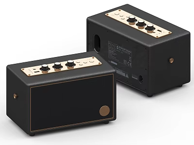 Two Black Speakers with Gold Accents Control Knobs and Modern Design 3d model