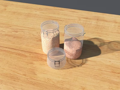 Three Clear Glass Jars With Granular Food Items Placed On Wooden Tabletop 3d model