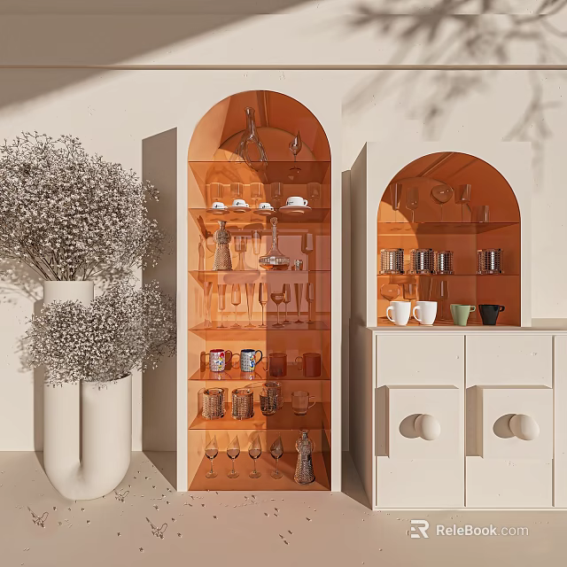 Modern Sideboard With Arched Glass Doors Displaying Glassware And Decorative Vase 3d model 