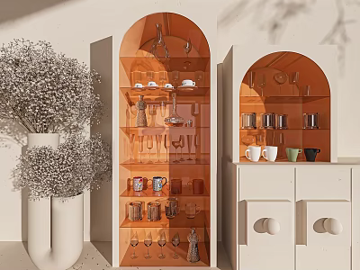 Modern Sideboard With Arched Glass Doors Displaying Glassware And Decorative Vase 3d model
