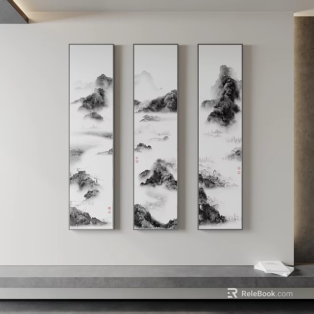 Three Chinese Ink Wash Landscape Paintings Hanging On The Wall 3d model 