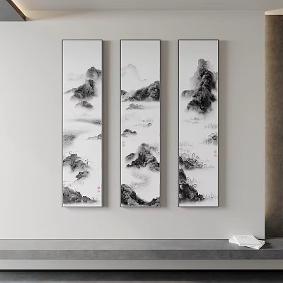 Three Chinese Ink Wash Landscape Paintings Hanging On The Wall 3d model