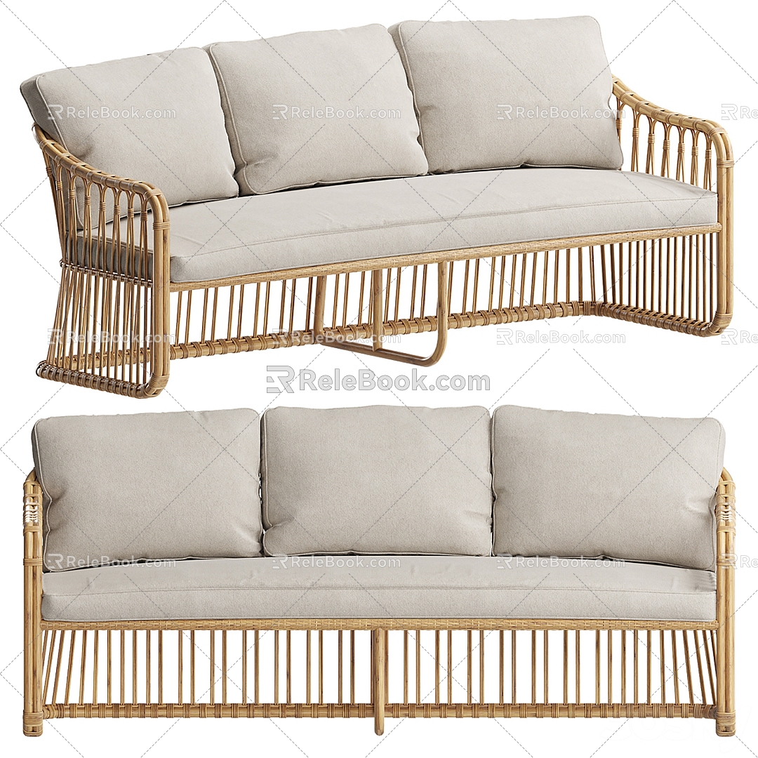 Rattan three-person sofa 3d model