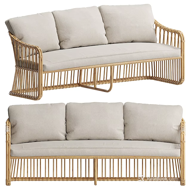 Modern Natural Style Multi Seat Wicker Sofa With Light Gray Cushions And Rattan Frame 3d model 