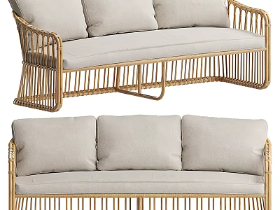 Modern Natural Style Multi Seat Wicker Sofa With Light Gray Cushions And Rattan Frame 3d model
