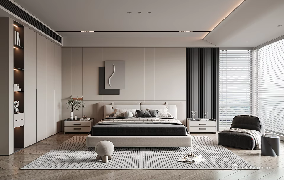 Modern Bedroom Interior Design With Bed Nightstand Rug Armchair And Decorative Painting 3d model 