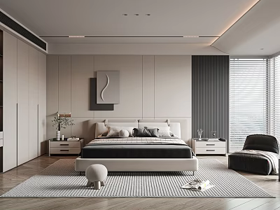 Modern Bedroom Interior Design With Bed Nightstand Rug Armchair And Decorative Painting 3d model