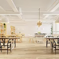 Café Interior Design With Wooden Tables Chairs Green Plants Bookshelves And Decorative Paintings
