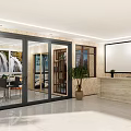Modern Interior With Glass Sliding Doors Marble Floor Reception Counter And Potted Plant