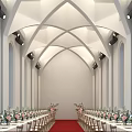 Religious Faith Inspired Church Interior With Arched Ceiling Large Windows And Sacred Flower Arrangements