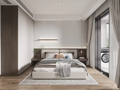 Modern Bedroom Interior Design With Large Bed Wooden Floor And Floor to Ceiling Window 3d model