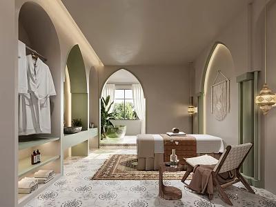 Elegant SPA Sauna Interior Design With Massage Beds Hanging Robes And Decorative Plants 3d model