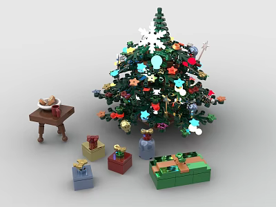 Creative Lego Christmas Tree With Colorful Decorations Wrapped Gifts And Table Treats 3d model