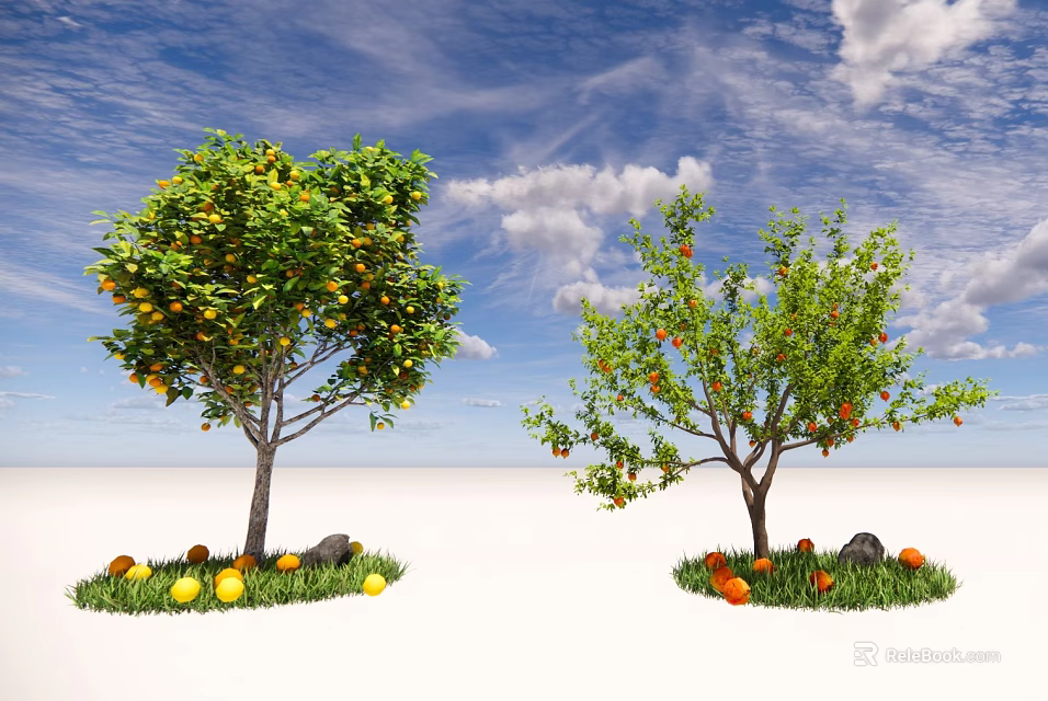Fruit Trees With Yellow And Red Fruits On Grass With Stones Under Blue Sky 3d model 