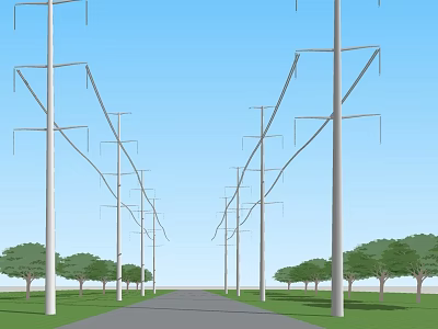 Industrial Equipment High Voltage Power Poles Arranged Along Road With Trees And Blue Sky 3d model