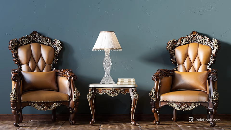 Luxurious Leather Leisure Seating Set With Tufted Back Carved Wood Frame And Side Table Lamp 3d model 