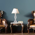 Luxurious Leather Leisure Seating Set With Tufted Back Carved Wood Frame And Side Table Lamp