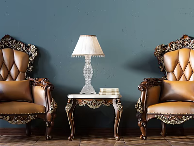 Luxurious Leather Leisure Seating Set With Tufted Back Carved Wood Frame And Side Table Lamp 3d model