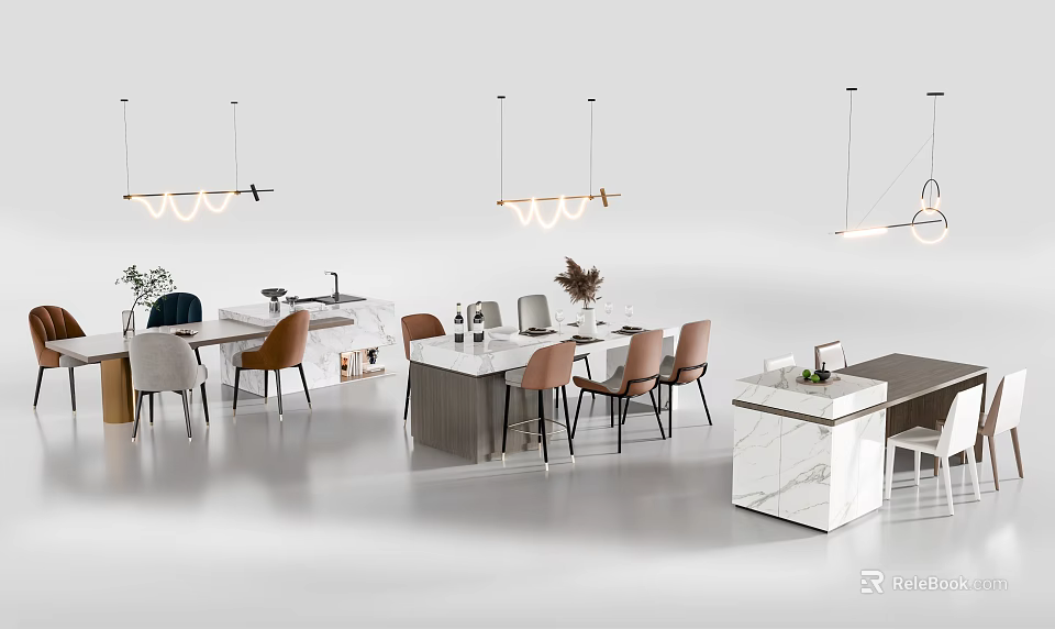 Modern Dining Table Set Interior Design With Various Colored Chairs And Pendant Lights 3d model