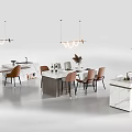 Modern Dining Table Set Interior Design With Various Colored Chairs And Pendant Lights 3d model