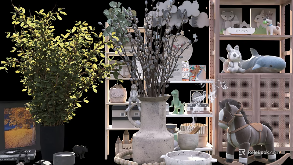 Rustic Decorative Ornaments Set With Green Plant Ceramic Vase Wooden Shelf And Animal Figurines 3d model 